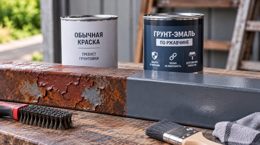 Сравнение обычной краски и грунт-эмали по ржавчине