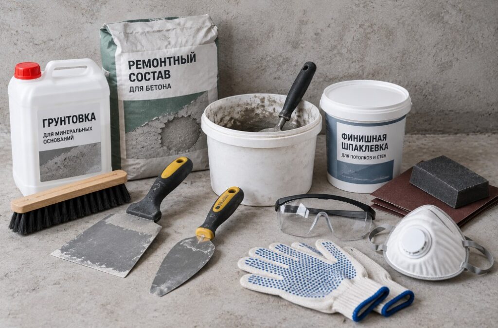 Инструменты и материалы для заделки дыры в бетонном потолке